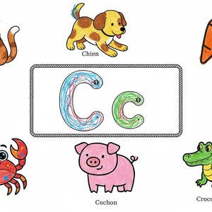 May include: A colorful illustration featuring a cat, dog, carrot, crab, pig, and crocodile. The letter "C" is displayed in both uppercase and lowercase forms. Each image is labeled with its corresponding word.