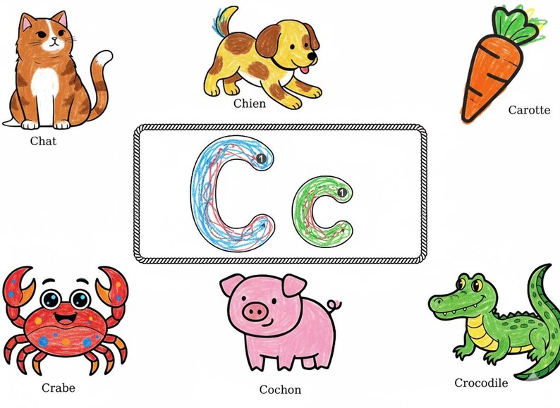 May include: A colorful illustration featuring a cat, dog, carrot, crab, pig, and crocodile. The letter "C" is displayed in both uppercase and lowercase forms. Each image is labeled with its corresponding word.