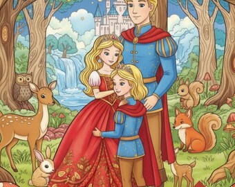 Puede incluir: Portada de un libro para colorear con el texto "Enchanting Fairytale Kingdom Coloring Journey for Kids". La ilustración presenta una familia real, animales del bosque y un castillo. También dice "10 páginas".