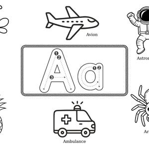 May include: Black and white line drawings of a bee, airplane, astronaut, pineapple, ambulance, spider, and the letter "A". The letter "A" is shown in both uppercase and lowercase, with numbered arrows indicating stroke order.