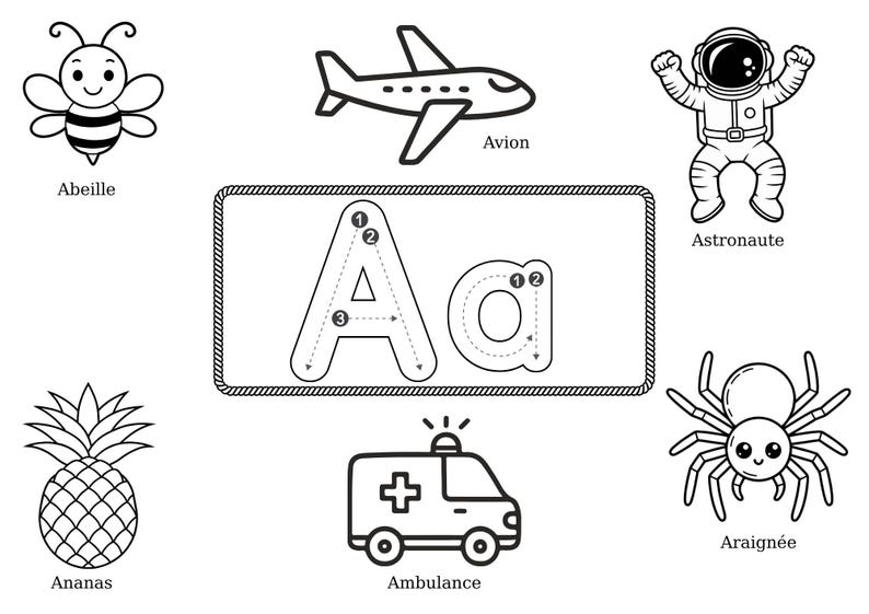 May include: Black and white line drawings of a bee, airplane, astronaut, pineapple, ambulance, spider, and the letter "A". The letter "A" is shown in both uppercase and lowercase, with numbered arrows indicating stroke order.
