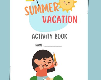 Puede incluir: Una portada de libro de actividades blanca con el texto SUMMER VACATION ACTIVITY BOOK y una línea para un nombre. El diseño presenta un paraguas colorido, un sol amarillo sonriente y la ilustración de una persona de pelo oscuro con un lápiz.