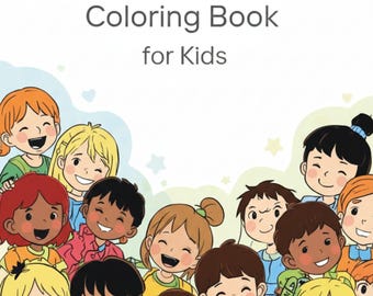 Puede incluir: Un libro para colorear para niños titulado "Feelings & Social Skills Coloring Book for Kids". La portada presenta un grupo de niños diversos y sonrientes. El fondo es blanco con un borde azul claro y verde.