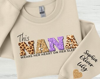 Nana Sweatshirt with Grandkids Names on Sleeve, Leopard Personalized Cozy Crewneck Gift for Nana
