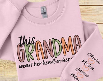 Grandma Sweatshirt with Grandkids Names on Sleeve, Personalized Cozy Crewneck Birthday Gift