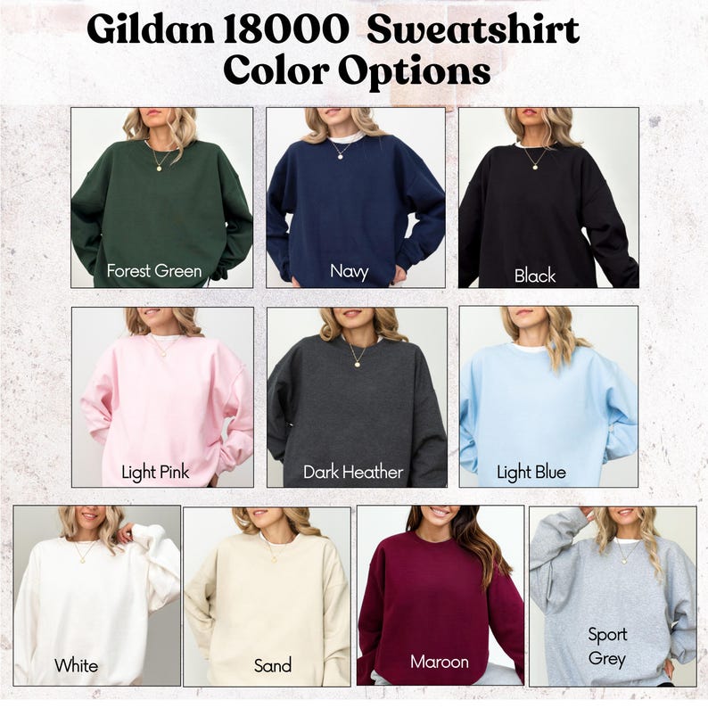 Gildan 18000 Sweatshirt Color Chart Mockup, Crewneck Sweater, Forest Green, Navy, Black, Pink, White, Sand, Maroon, Light Blue, Dark Heather