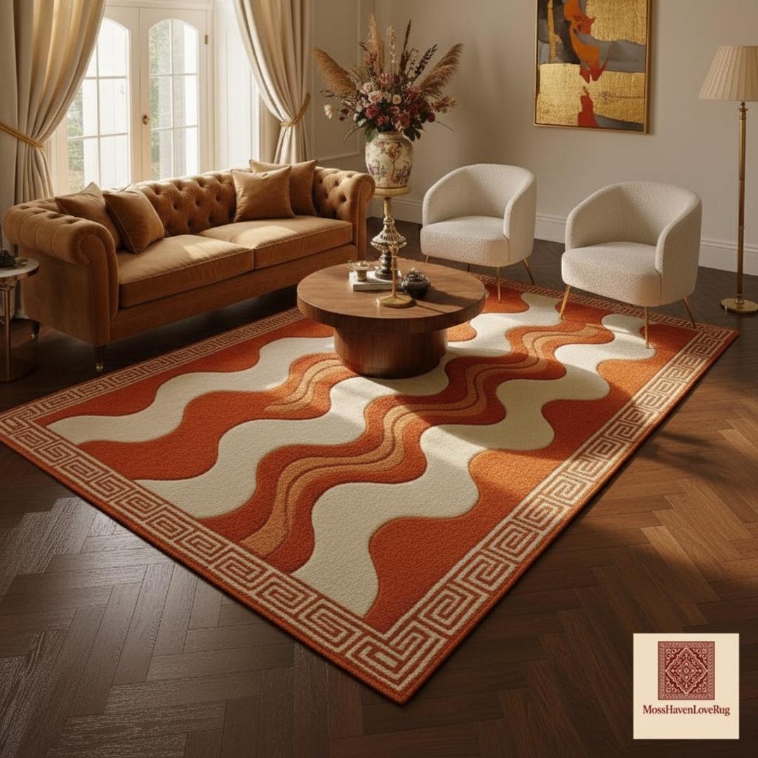 Hand Tufted Modern Wave Rug, Terracotta & Ivory Abstract Area Rug, Mid ...