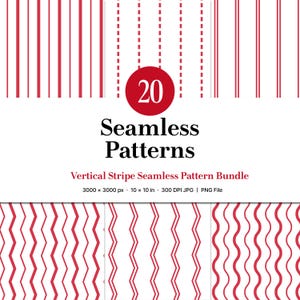 Può includere: Una collezione di 20 motivi a righe verticali senza cuciture in rosso e bianco. I motivi includono linee continue, tratteggiate e ondulate. L'immagine include il testo "Seamless Patterns" e "Vertical Stripe Seamless Pattern Bundle". L'immagine è di 25,4 x 25,4 cm.