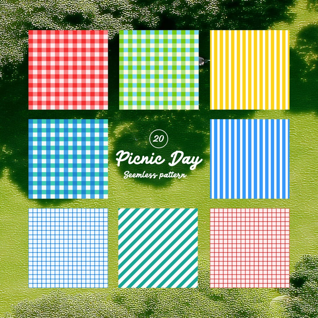 Picnic Seamless Pattern Set, Gingham Stripe Grid Digital Paper, 20 ...