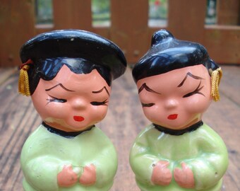 Asian Boy and Girl Salt and Pepper Shakers Victoria Ceramics