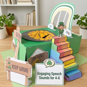 Op de afbeelding: Een pop-up doos met een St. Patrick's Day thema, met een pot met goud, een regenboog en een kabouter. De doos heeft een trap, borden met "Keep Going" en "Not Fools Gold", en een bord met "Engaging Speech Sounds for 4-6".