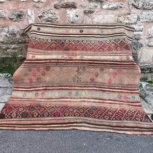 Auténtica alfombra Kilim turca tejida a mano - Tejido plano tradicional anatolio con rayas verticales - Rara alfombra con estampado tribal de árbol de la vida
