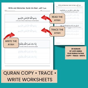 Op de afbeelding: Witte werkbladen voor het leren van de Koran, met de tekst "Write and Memorise: Surah An-Nasr". De werkbladen bevatten secties om de Ayah te lezen, te traceren en te schrijven. De tekst "Quran Copy • Trace • Write Worksheets" is ook zichtbaar.
