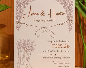 Rustic Western Wedding Invitation Template, Country Wildflower Southern Boots Invite, Terracotta Line Art, Canva Editable + Printable