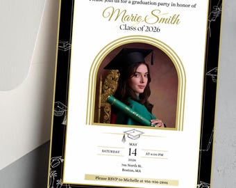 Editable Graduation Invitation Template | Canva Grad Party Invite | Black & Gold Photo Invite | Printable Instant Download | Modern Line Art