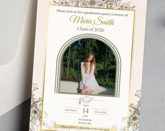 Editable Graduation Invitation Template | Printable Canva Grad Party Invite | Elegant Floral | Gold Accents | Photo Invite | Class of 2026