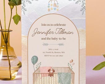 Editable Baby Shower Invitation Template | Canva Baby Shower Invite | Boho Nursery Crib | Pastel Rainbow | Gender Neutral Invite