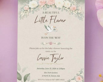 Editable Baby Shower Invitation Template | Canva Printable Baby Shower Invite | Little Flower Stork | Blush Sage Floral | Instant Download