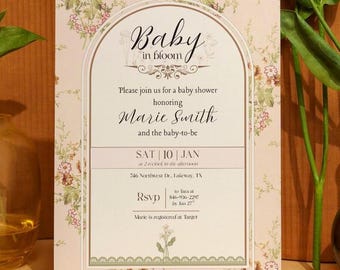 Editable Baby Shower Invitation Template | Baby in Bloom | Printable Canva Invite | Vintage Floral | Neutral Beige Botanical, Gender Neutral