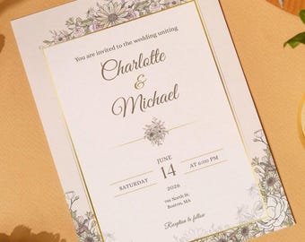 Editable Wedding Invitation Template | Elegant Script | Floral Botanical Gold Frame | Neutral Boho Garden | Instant Download Canva Invite