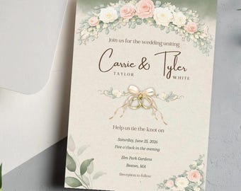 Elegant Floral Wedding Invitation Template, Classic Blush & Sage Greenery, Watercolor Garden Invite, Printable + Editable Canva Template