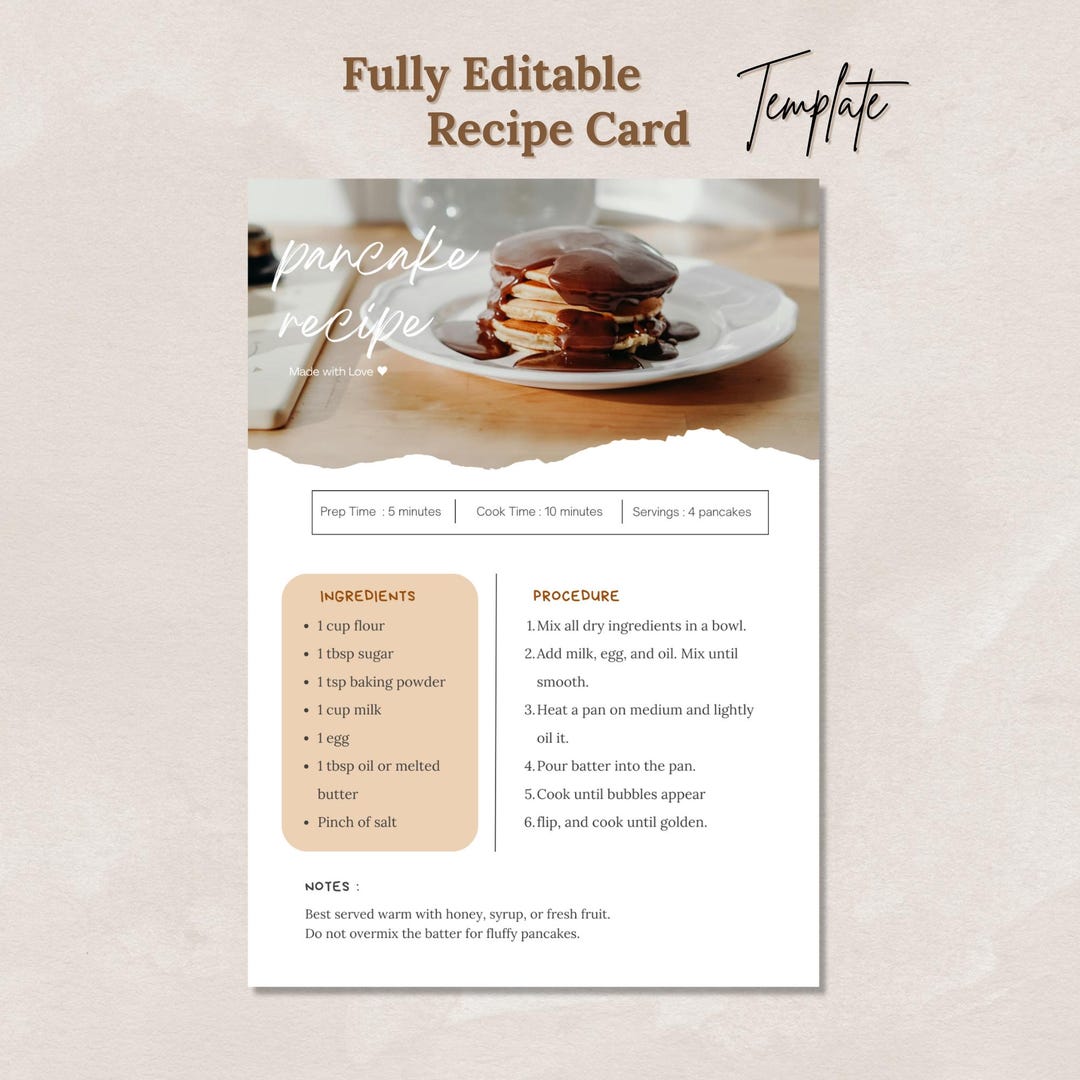 Editable Recipe Card Template, Printable Canva Design (digital Download ...