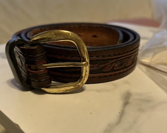 Western Belt Brown and Black Hand Tooled Print Men's 36 Leather Great Smokey Mtn