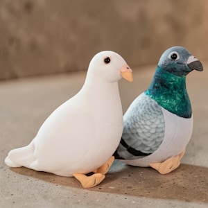 Pode incluir: Dois brinquedos de pelúcia em forma de pombo. Um é branco com bico e pés pêssego, o outro é cinza, verde-azulado e branco com bico preto e pés pêssego. Ambos têm olhos pretos e estão em uma superfície de concreto.