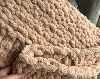 Chunky Knit Chenille Throw Blanket | Sand Beige Cozy Couch Decor