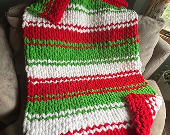 Chunky Knit Christmas Blanket, Red Green White Striped Chenille Throw