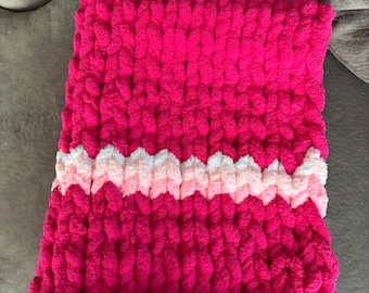 Chunky Knit Chenille Baby Blanket | Hot Pink, White, Blush Stripes, Cozy Nursery Throw