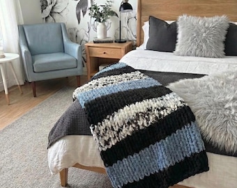 Custom Hand Knit Striped Throw Blanket | Chunky Chenille Yarn, Modern Home Decor