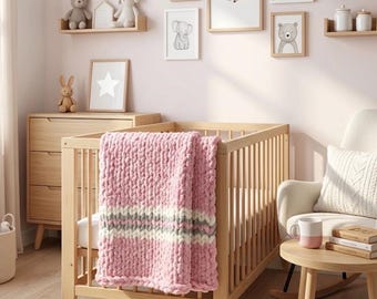 Chunky Knit Baby Blanket – Blush Pink, Oatmeal, Sage Stripes – Cozy Nursery Throw