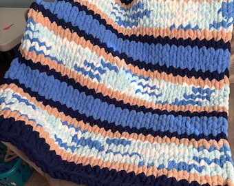 Chunky Knit Chenille Throw Blanket | Blue Sand Stripes, Cottage Core Decor