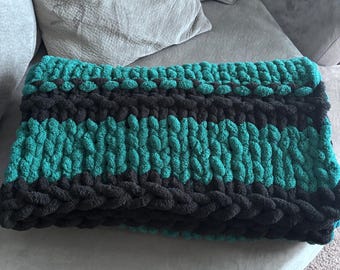 Custom Hand Knit Throw Blanket | Bold Chunky Chenille Yarn, Black Accents