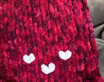 Hand Knit Red Variegated Chunky Blanket – Cozy Throw with Hearts