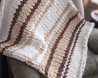 Hand Knit Chunky Throw Blanket – Neutral Striped, Made to Order