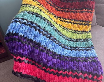 Hand Knit Chunky Throw Blanket – Rainbow Stripe, Crayon Colors