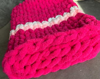 Chunky Knit Dog Blanket – Pink white Chevron Stripes, Soft Chenille Pet Throw