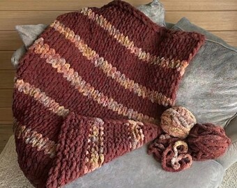 Hand-Knit Chunky Chenille Blanket | Brown tan Earth Tones, Cozy Fall Throw