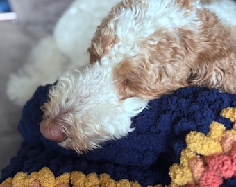 Chunky Knit Dog Blanket – Navy Blue Chevron Stripes, Soft Chenille Pet Throw