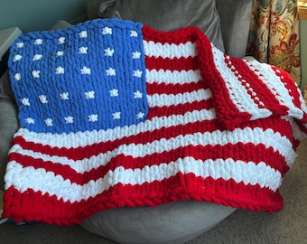 Handmade American Flag Chunky Knit Blanket | Soft Chenille USA Throw 40x60