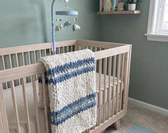Hand Knit Chunky Baby Blanket – Blue Striped Nursery Throw