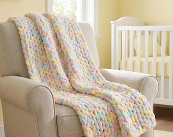 Hand Knit Chunky Baby Blanket – Pastel Nursery Throw