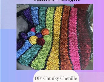 Rainbow Bright Chunky Chenille Blanket Pattern | Beginner Finger Knit DIY (Digital PDF)