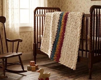 Hand Knit Chunky Baby Blanket – Muted Rainbow Striped Nursery Throw