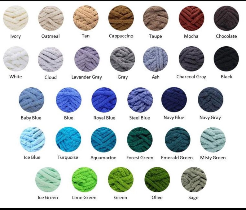 Puede incluir: Una carta de colores con 30 tonos diferentes de hilo de punto grueso. Los colores van desde el marfil, la avena y el beige hasta el moca, el chocolate y el negro. Otros colores incluyen variaciones de azul, verde y gris. Cada color est&aacute; etiquetado con su nombre.