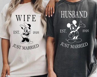 Mickey and Minnie Just Married Shirts, Disney Couple Matching Tees, Est Date Wedding Shirts, Honeymoon Outfits, Mr and Mrs Shirts