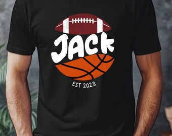 Personalized Basketball and Football Shirt for Kids, Custom Name Boy Sports Tee, Retro Sports Birthday Gift, Little Athlete T-Shirt