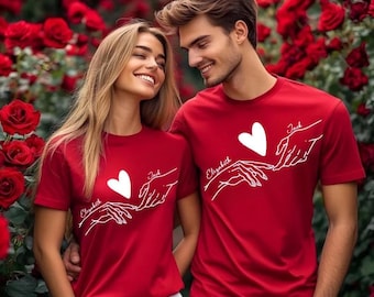 Personalized Matching Couple Shirts | Custom Name Reaching Hands Line Art Tee | Romantic Heart T-Shirt | Anniversary Gift for Him Her